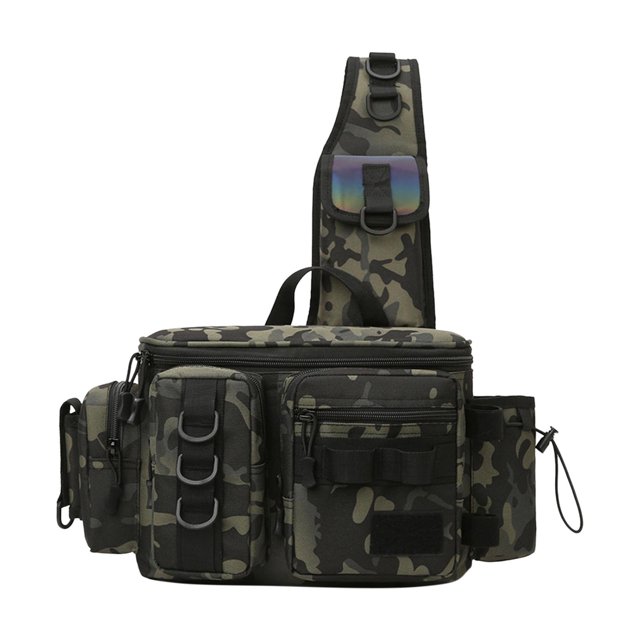 Bolsa de aparejos de pesca, soporte para caña, estuche de transporte, bolsa de pecho para hombres y mujeres, senderismo L Patrón verde talla L Cola Paquete de aparejos de pesca