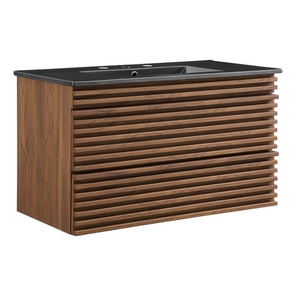 Modway Render 36" Modern Wood Wall-Mount Bathroom Vanity in Walnut/Black