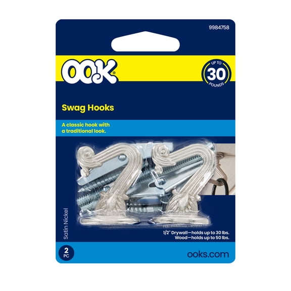 Ook Swag Hook, Screw Hook 30 lbs, Steel, Nickel, Silver, for Drywall and Wood, 2 pack