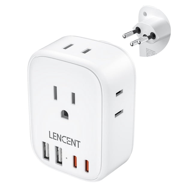 Adaptador de Viaje LENCENT Blanco con 4 Salidas CA y Puertos USB para Liechtenstein, Ruanda y más