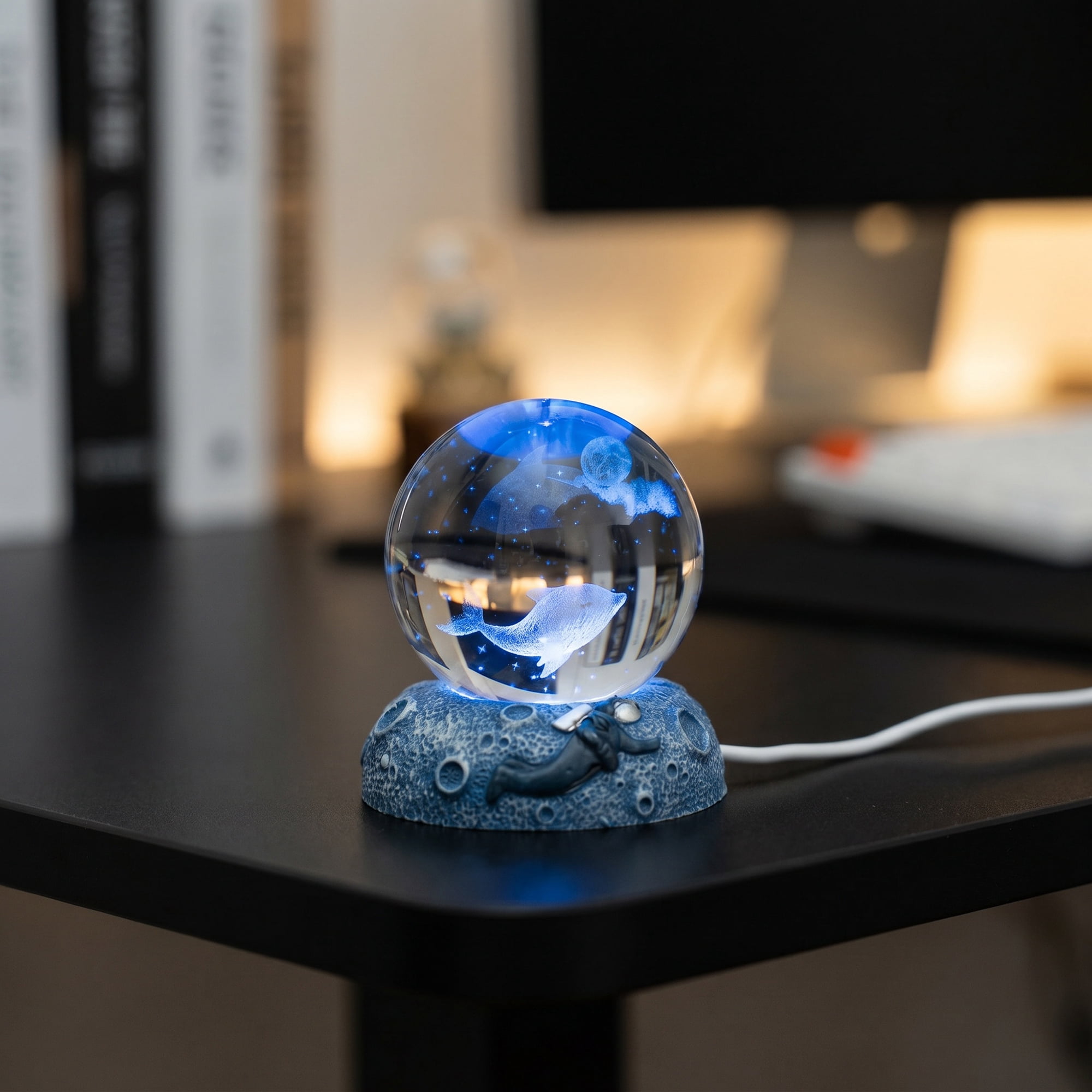 Unique Bargains Glowing Crystal Ball 3D Glass Ornament with LED Light Base Blue Style A