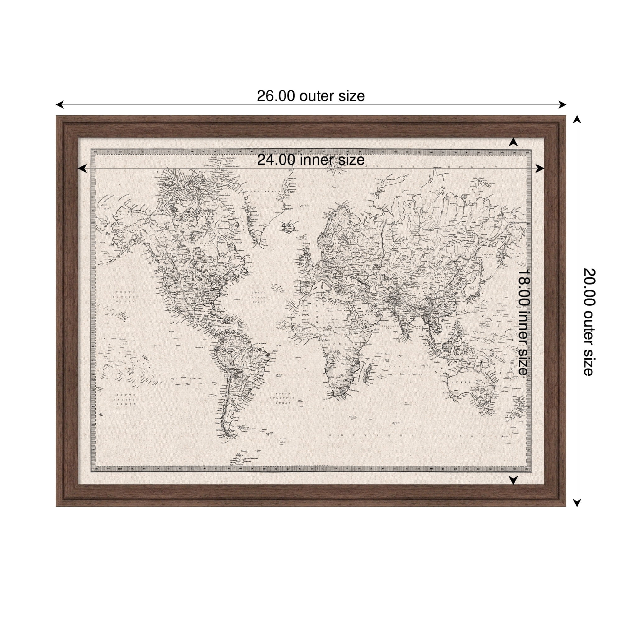 Kate and Laurel Framed Fabric Pinboard 26 x 20, Vintage Black and White Linen World Map Printed Linen Classic Bulletin Board for Use as Wall Organization, Florence Medium Brown Frame