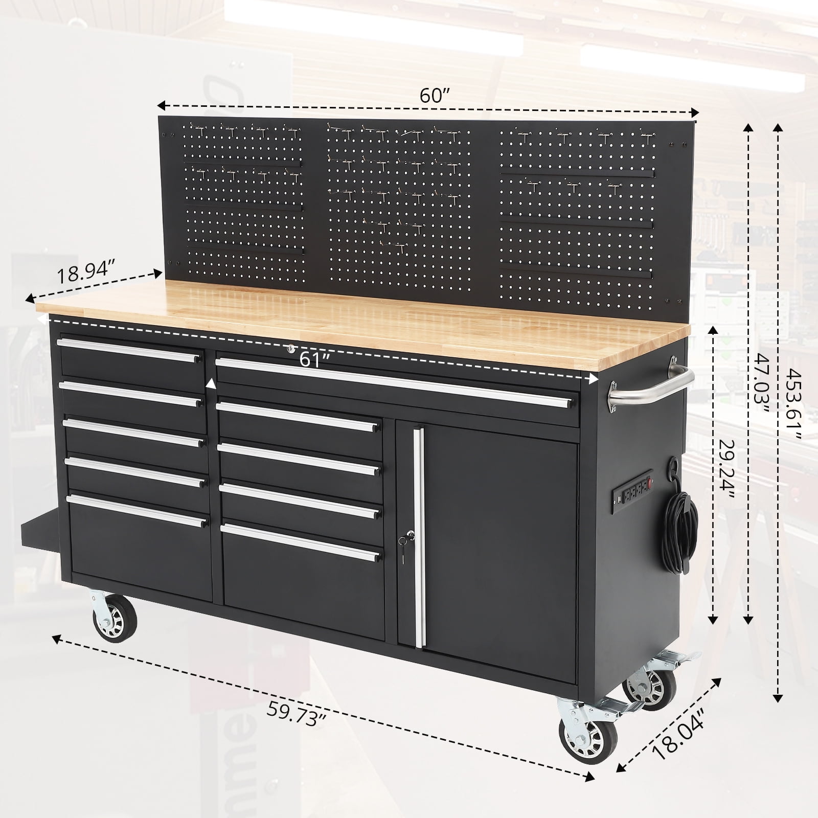 Tool Chest Workbench, 61-inch Rolling Tool Chest with Wheels, 10 Drawers, Multifunctional Tool Cart Mechanic Tool Storage Cabinet for Garage, Assembled Large Tool Box Storage Cabinet, Black