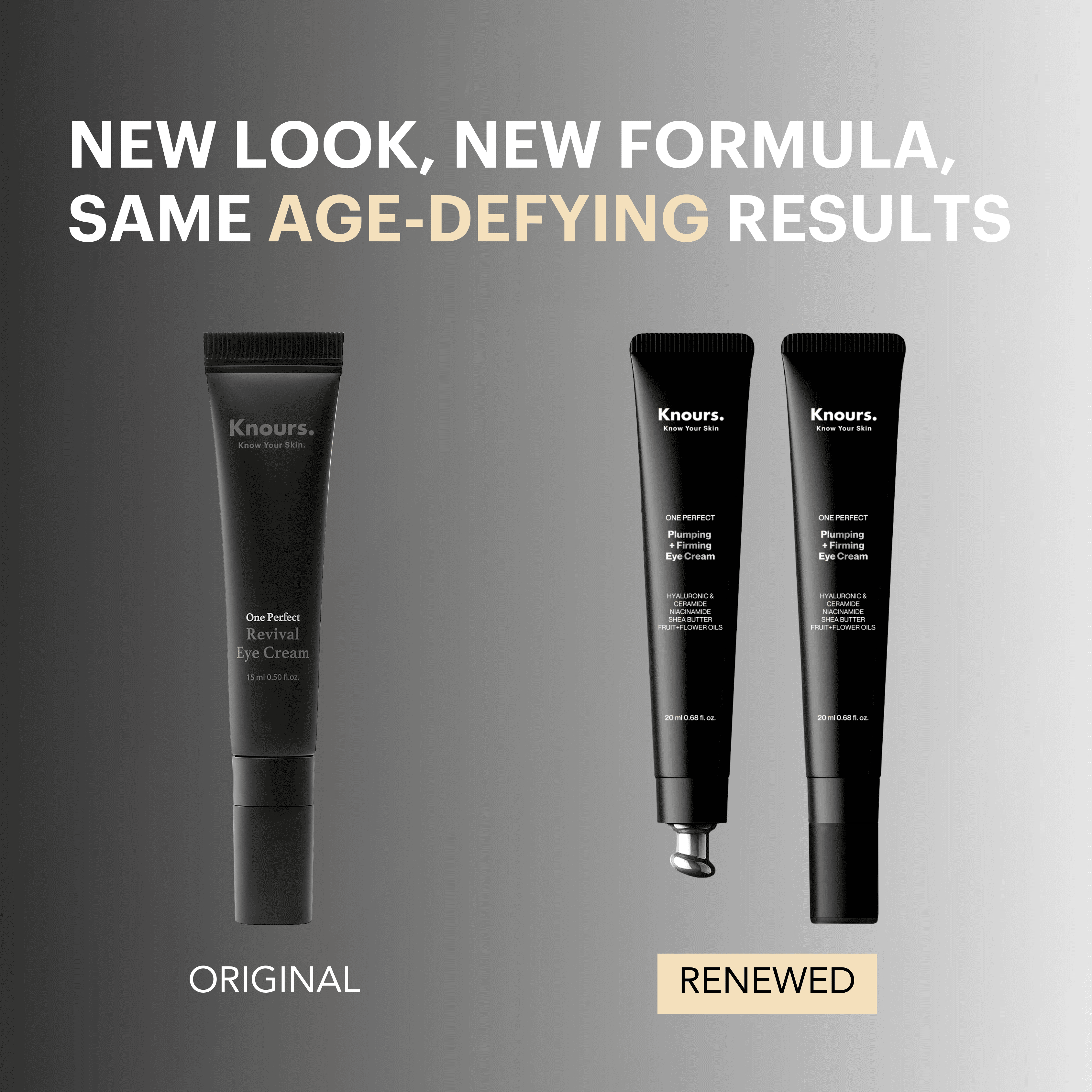 Knours. One Perfect Firming + Plumping Eye Cream with Hyaluronic & Ceramide Niacinamide Shea Butter Fruit + Flower Oils for a refreshed, Smooth Look, New & Improved Formula 20ml/0.68 fl. oz.