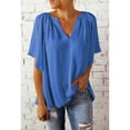 thumbnail image 2 of Loose V Neck Blouse Bell Short Sleeve Ruched Pure Color Pleated Shirt Top for Women Summer Blue XL, 2 of 6