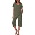 thumbnail image 3 of Feancey Soft Pjs for Women Set Summer Short Sleeve V Neck Pajama and Capri Pant Lounge Sets Solid Color Loose Sleepwear 2 Piece Outfits Sale Of The Day Army Green L, 3 of 10