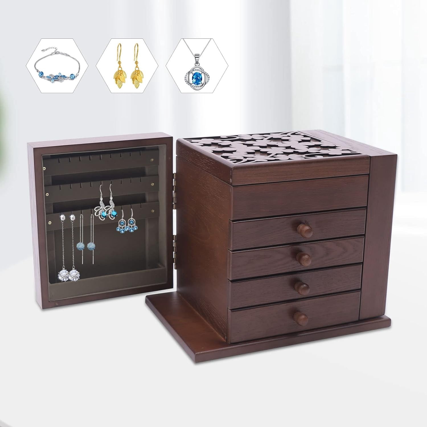 5 Layer Wooden Jewelry Box Jewelry Organizer Box with Mirror and Lock Jewelry Storage Box Case Valentine's Day Gift for Women Ring Necklace Watches