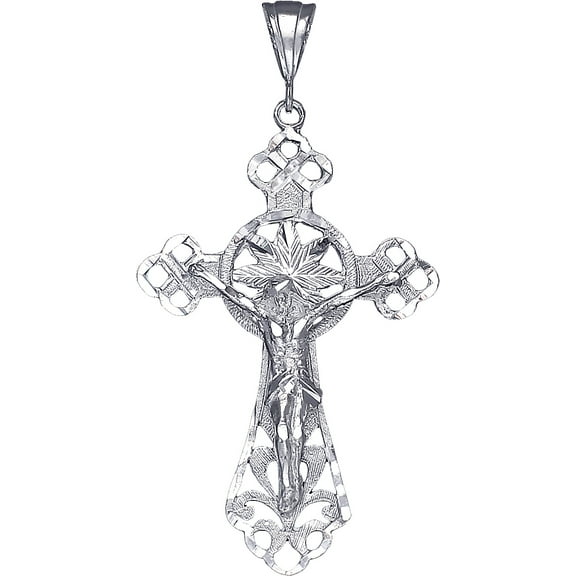 Large Sterling Silver Cross with Jesus Pendant Necklace with Diamond Cut Finish
