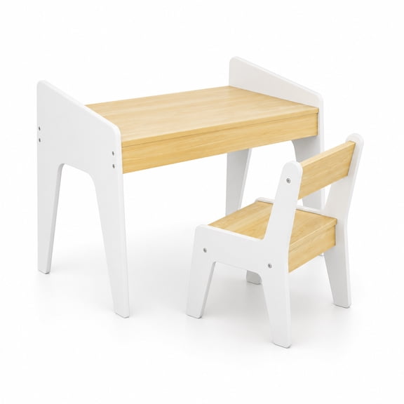 Kids Table and Chair Set for Ages 2-8, Wooden Children’s Study Desk with 1 Chair, MDF Activity Table for Reading, Drawing, Crafts, Homework and Snacks, White and Natural