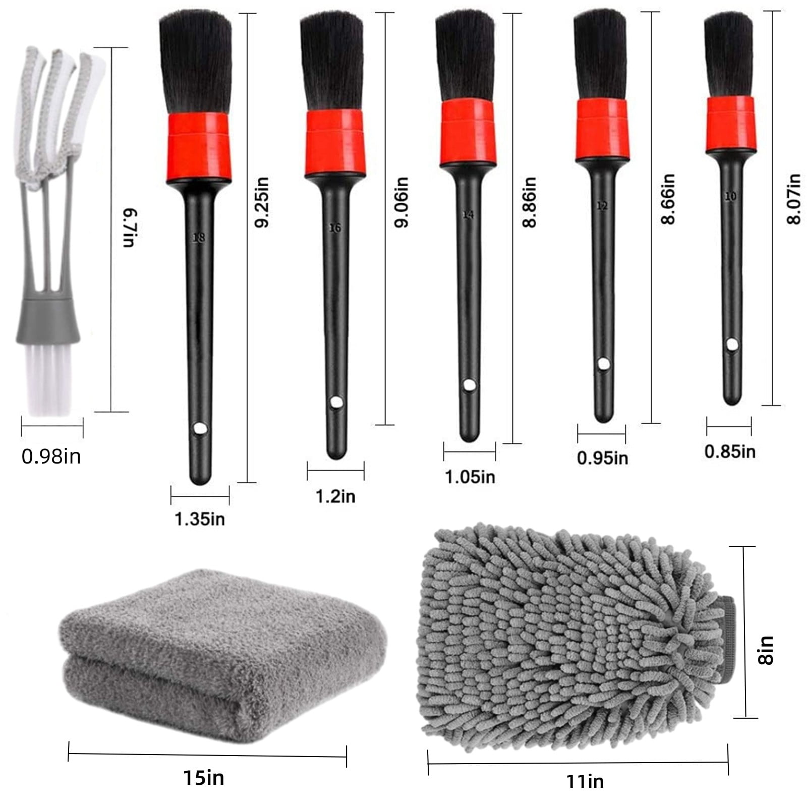 RuiJiao Car Detailing Brush Kit 8-Piece Set, Plastic Bristle Brushes for Interior Wheels Cleaning, No Scratch Safe for All Vehicles, Includes Wash Gloves and Towels