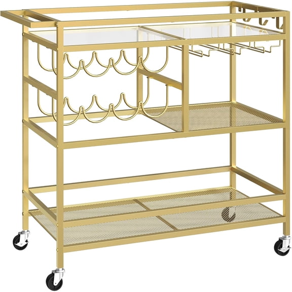 Bar Cart for Home, 3-Tier Serving Cart with Wheels and Handle, Beverage Cart with Wine Rack and Glass Holders, Rolling Wine Cart for Kitchen, Dining Room, Gold