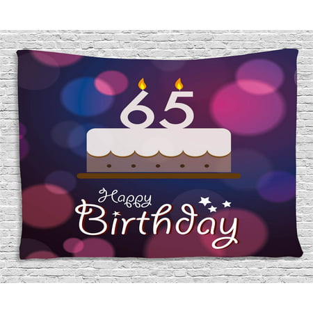 65th Birthday Decorations Tapestry, Birthday Ceremony Artwork with Cake Hand Writing Best Wishes, Wall Hanging for Bedroom Living Room Dorm Decor, 80W X 60L Inches, Blue Pink White, by