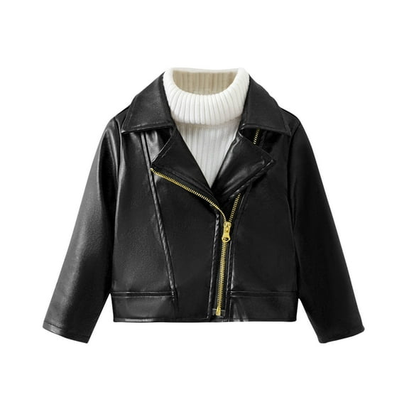 Maean Kids Girl Leather Jackets Zipper Flap Collar Windproof Warm Winter Long Sleeve Solid Color Jacket