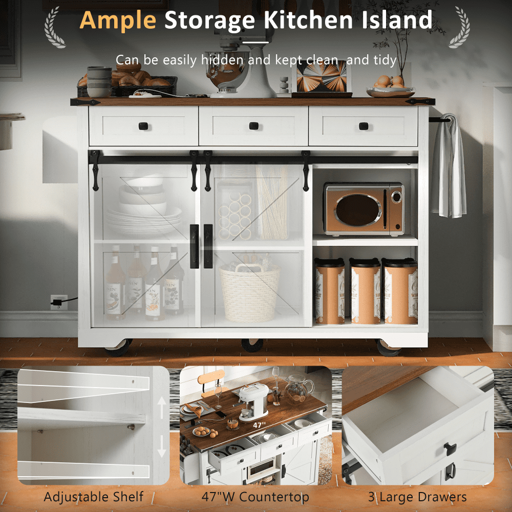 Chords Attic 53.7"W Farmhouse Rolling Kitchen Island with Sliding Barn Doors, Mobile Kitchen Islands with Drop Leaf and Power Outlet, Rustic Kitchen Storage Cart with Spice Rack for Dining Room