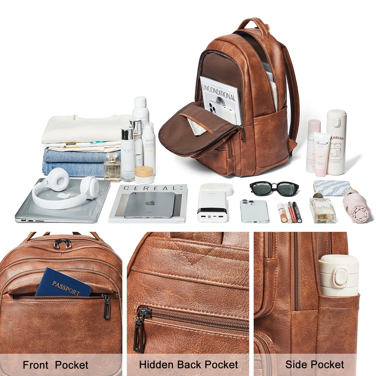 43L Backpack Purse for Women Travel Backpack Leather Large Women 17 16 15.6 Inch Laptop Bag Handbags For Travel Work College Large Brown