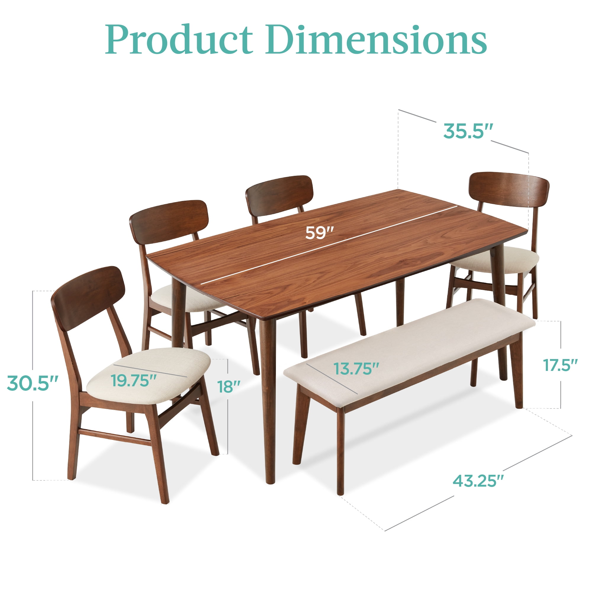 Best Choice Products 6-Piece Mid-Century Modern Upholstered Wooden Dining Set w/ 4 Chairs, Bench - Walnut/Cream