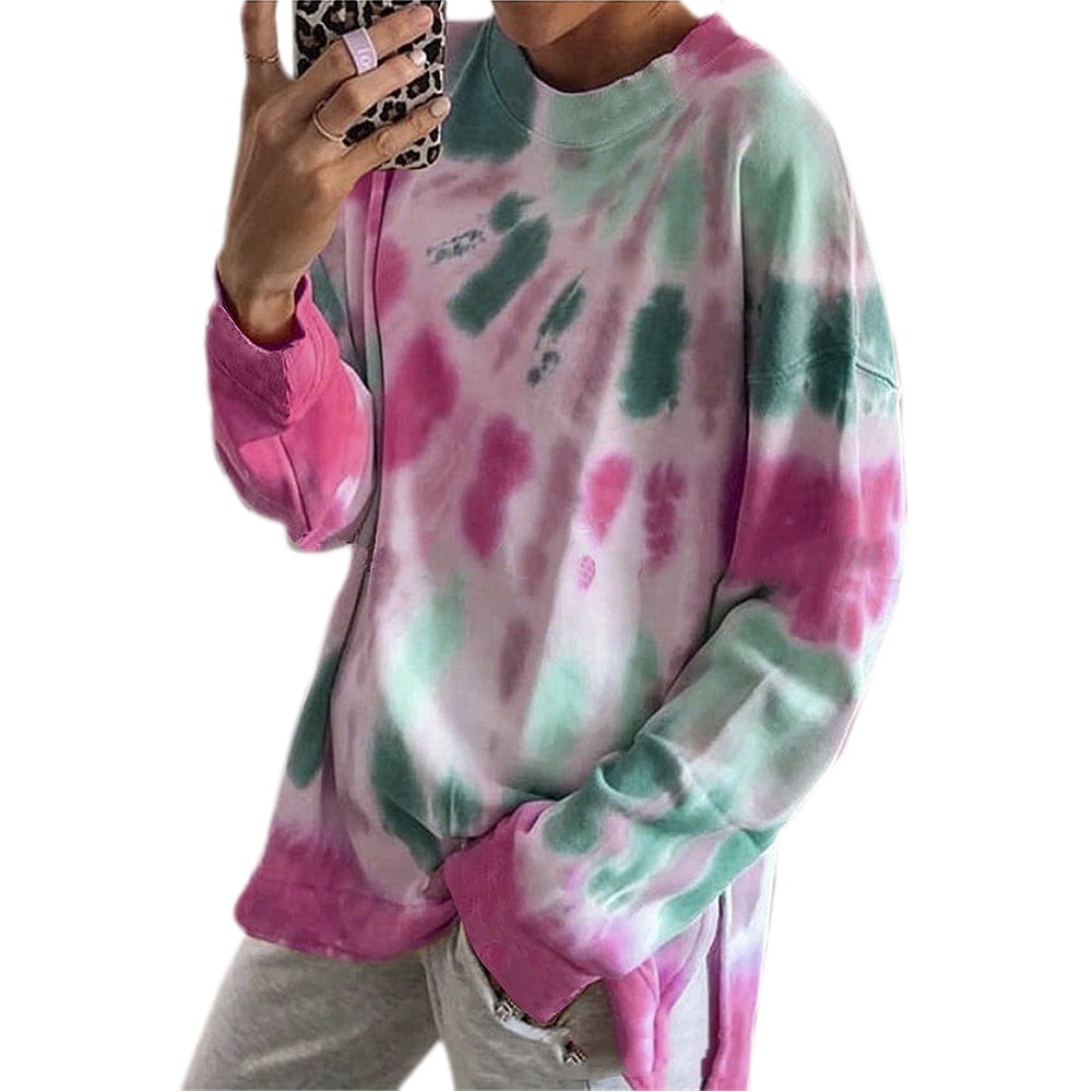 Womens Tie Dye Printed Long Sleeve Sweatshirt Round Neck Casual Loose Pullover Tops Shirts