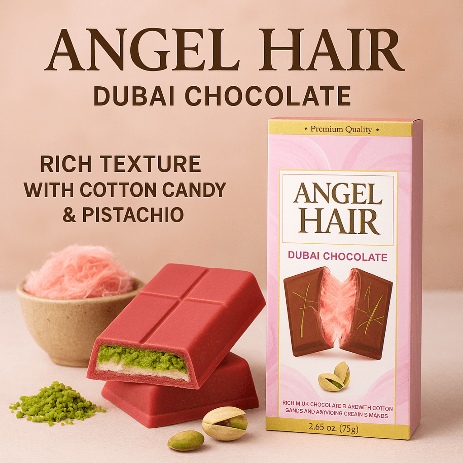 Zimply Foods 2 Pack 2.65 Oz Angel Hair Dubai Chocolate Bar - Pink Chocolate Bar - Premium Dubai Chocolate Candy with Milk Chocolate, Cotton Candy & Pistachio Cream Strands, Luxurious Layers