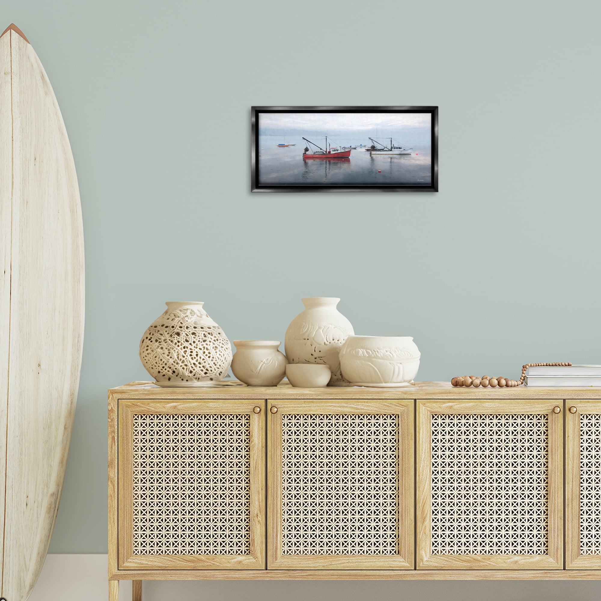 Stupell Industries Boat Harbor Seascape Nautical & Beach Photography Black Floater Framed Canvas Art Print Wall Art, 25 x 11