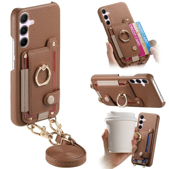 for Samsung Galaxy S25 Wallet Case with Elastic Card Holder & 360° Rotatable Ring Stand, Vintage PU Leather Kickstand Slim Fit Shockproof Cover with Shoulder Strap - Brown