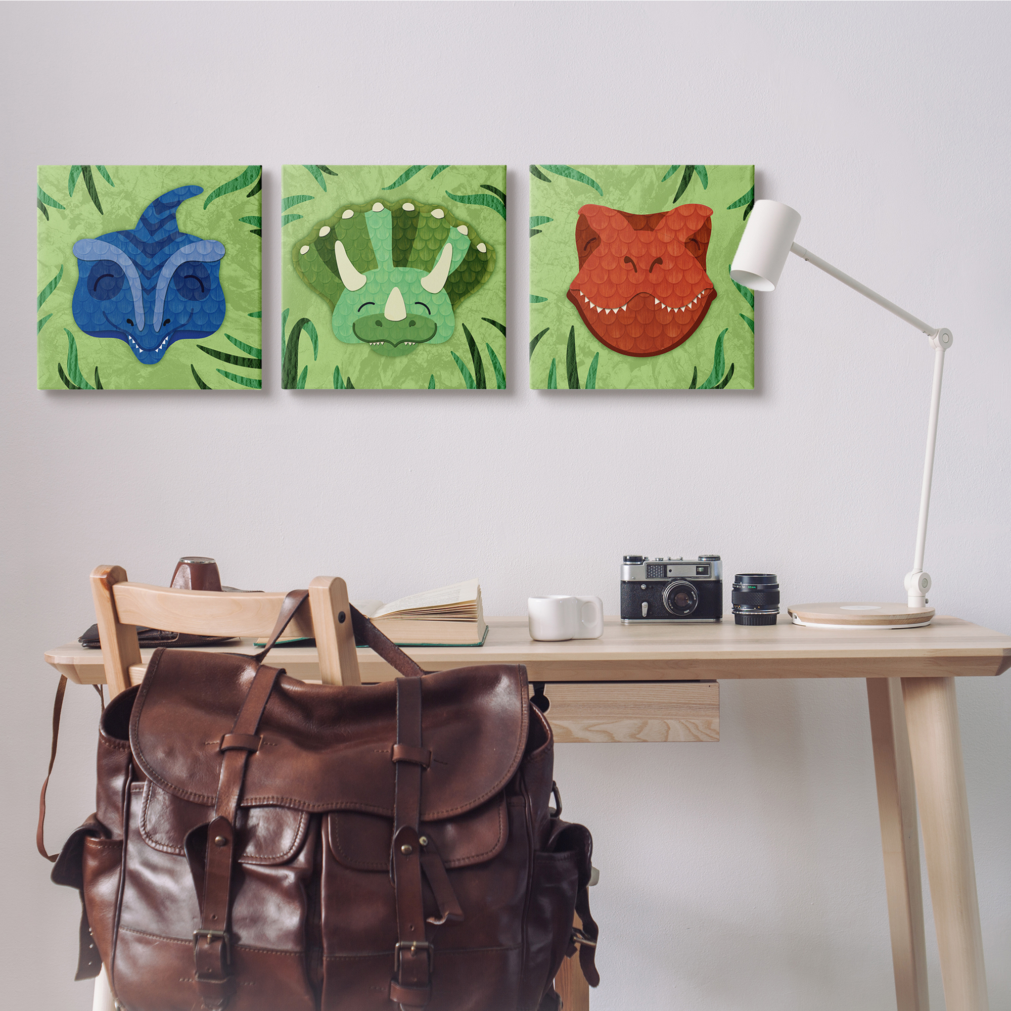The Kids Room By Stupell Green Textured Dinosaurs in the Jungle Trio Canvas Wall Art, 3pc, each 17 x 17