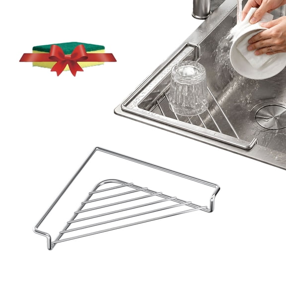 Triangle Over Sink Dish Drying Rack, Stainless Steel Corner Sponge Holder with Raised Side Support, Space Saving Organizer