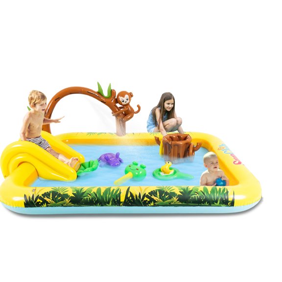 Inflatable Play Center, Kids Inflatable Swimming Pool with Slide, Cartoon Animals Sprinker Toy with Base Pool, Kiddie Pool for Garden Backyard Water Park
