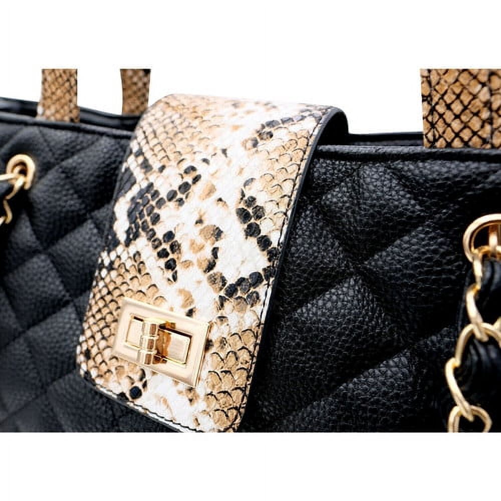 Bhumane Laptop Tote Shoulder Bags (up to 15.6 inch) Water Resistant Quilted Handbag Large Capacity with Padded Compartment Business Work Office Compatible with MacBook & Notebook (Black w tan snake)