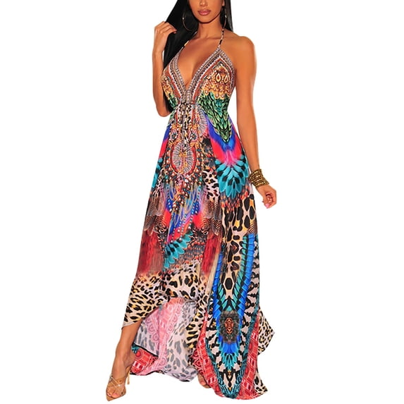Uhndy Women Bohemian Halter V-Neck Maxi Dresses Vintage Printed Ethnic Style Summer Long Dress Party Holiday Beach Sundress High Low Hem Dress