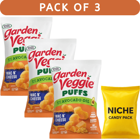 Sensible Portions Garden Veggie Puffs Mac & Cheese with Avocado Oil, 3.75oz – 3 Pack   Free Candy Included