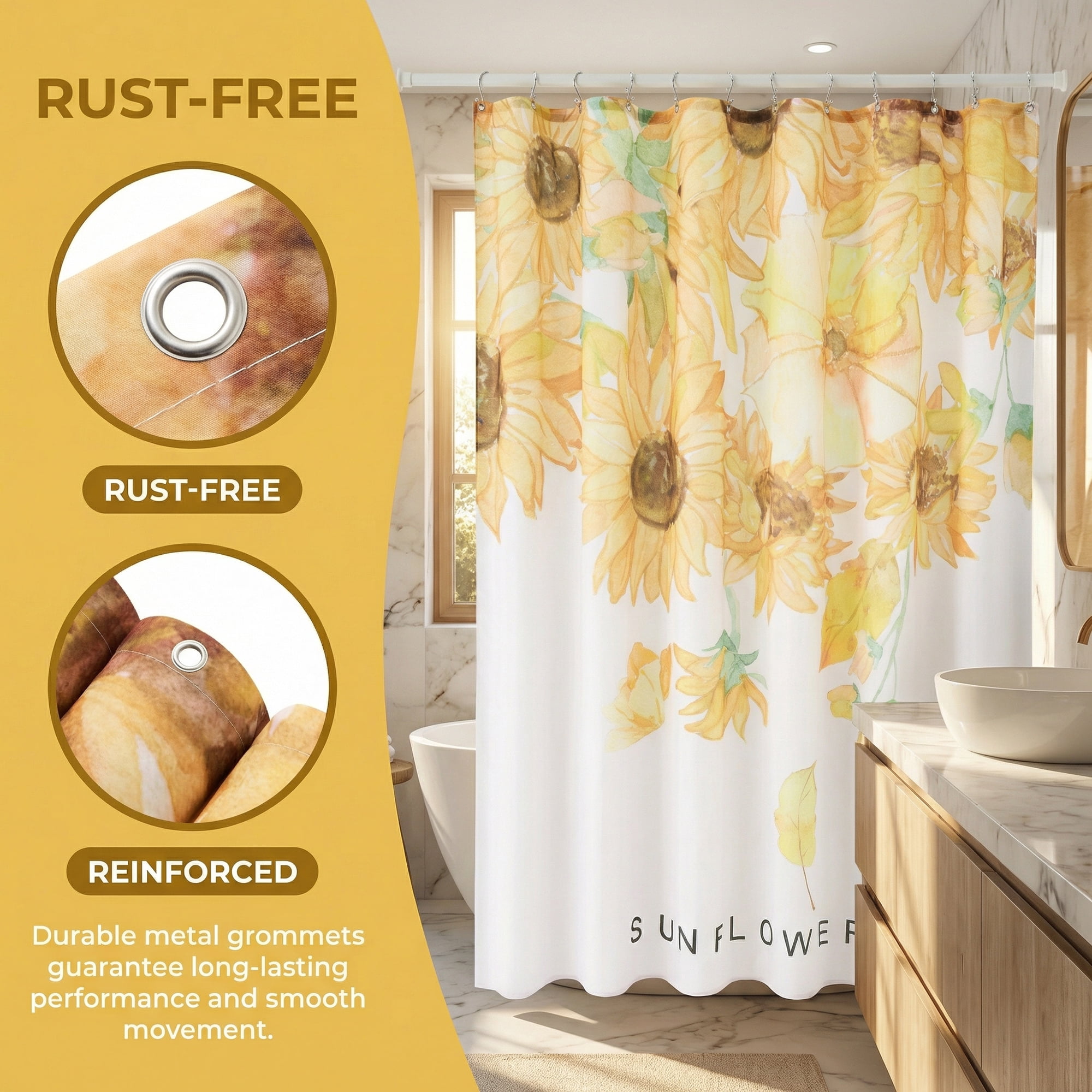 Unique Bargains Boho Floral Shower Curtain Sets with Hooks Yellow Sunflower 71"W x 71"L