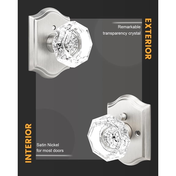 Diamond Crystal Door Knobs Interior,Antique Octagon Privacy Door Lock for Bed Bath,Glass Door Knob,Satin Nickel Classic Arched Rosette,Locking Inside,2 Pack