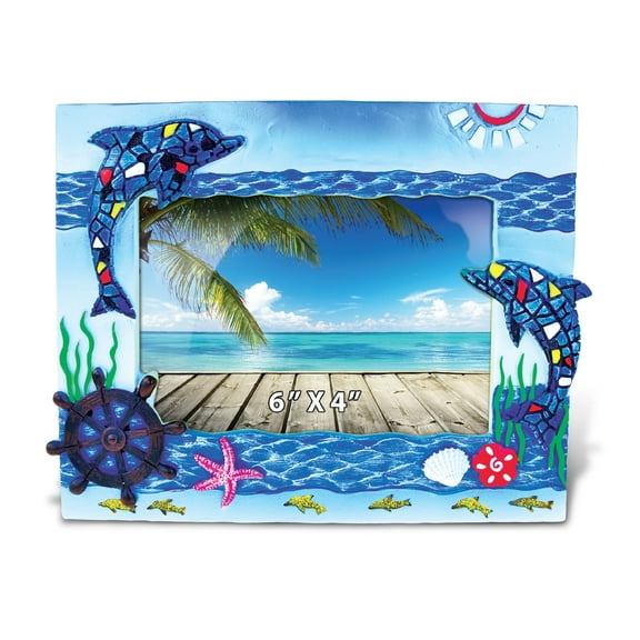 Puzzled Blue 4x6 Mosaic Photo Frame - Handcrafted Beach-Themed Fun Picture Frames for Tabletop Display, Cute Dolphin Picture Frame For Memorable Ocean Pictures with Family and Friends - 8 Inches
