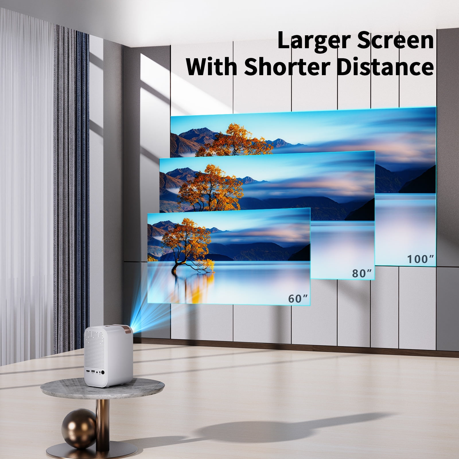 Mini Projector, Supporting 1080P High Definition Resolution, Portable Projector Screen with Projector Stand, Automatic Vertical Trapezoidal Correction,Equipped with WiFi and Bluetooth Functions,White