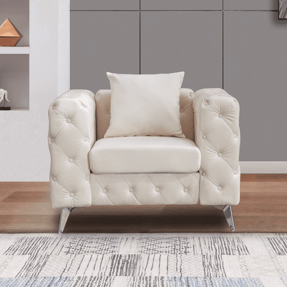 Mid Century Accent Chair Tufted Armchair, Comfy Upholstered Velvet Single Sofa Lounge Chair for Living Room Bedroom, Beige