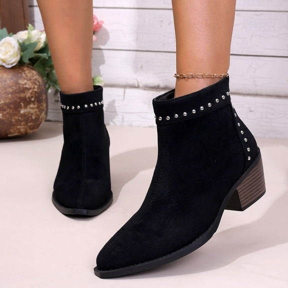Viluyesy Womens Dress Boots, Back Zipper Pointed Toe Chunky Heels Fall Winter Comfort Suede Booties Black US9.5