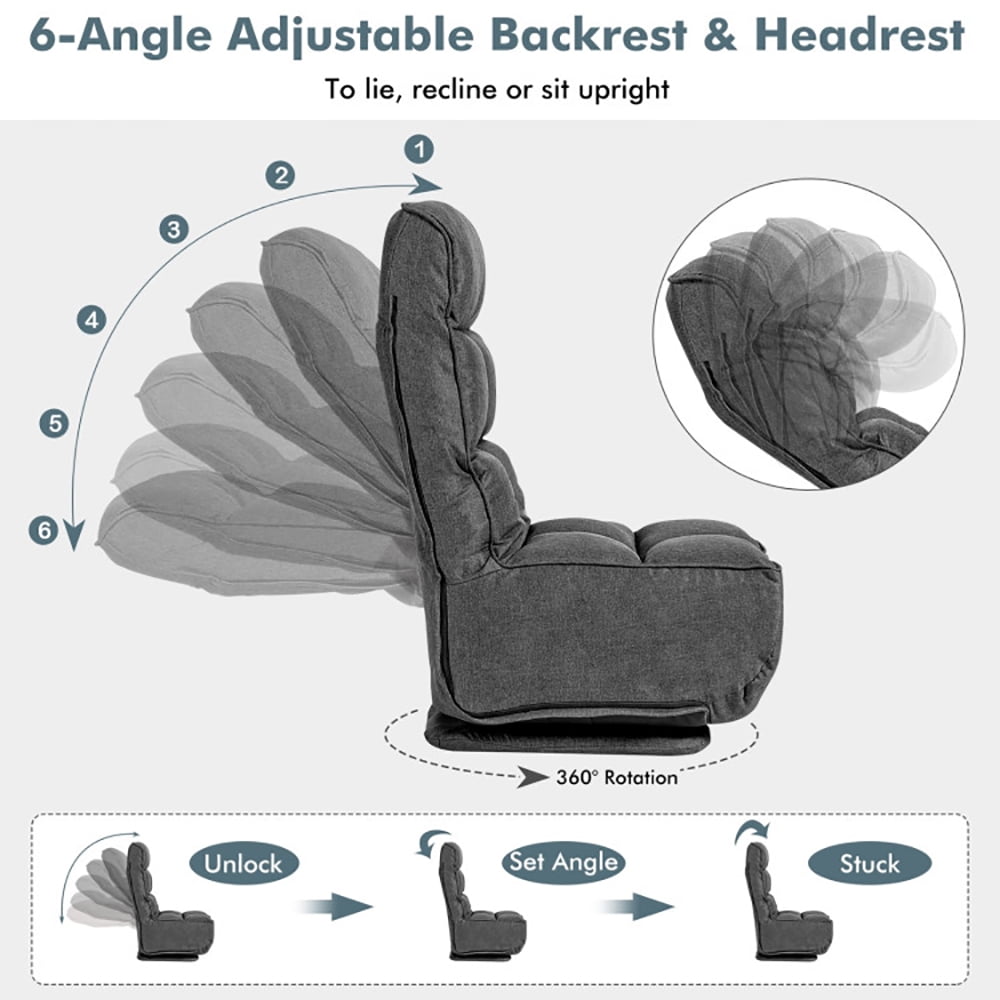 Finihen Swivel Folding Lazy Sofa Chair, Floor Chair, 360-Degree Swivel Folding Floor Chair with 6 Adjustable Positions, for Living Room, Bedroom, for Gaming, Reading, Gray