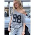 thumbnail image 6 of Women'S Oversized Off Shoulder Shirt Crewneck Number Graphic T Shirt Y2k Summer Going Out Tops Blue Round Neck L, 6 of 9