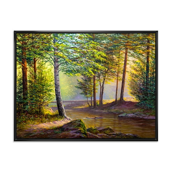 Sunrise Glow Through The Awakening Fir Forest 20 in x 12 in Framed Painting Canvas Art Print, by Designart