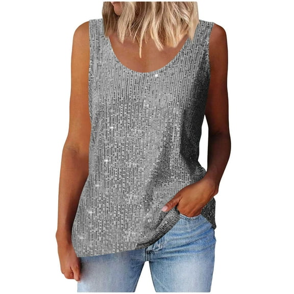 Staron Summer Casual Sequin Tops for Women Round Neck Sleeveless Relaxed Fashion Party Tank Top, Gray L