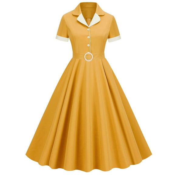 IBTOM CASTLE Women's Vintage Dress Plaid Floral Cocktail Party Swing Dresses 1950s Retro Gown Wedding Formal A-line Midi Dresses XXL Yellow   White