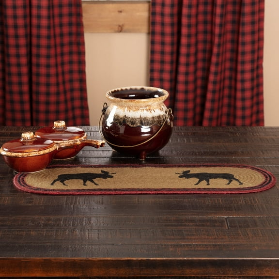 VHC Brands Cumberland Moose Rustic Decor Natural Jute Table Runner for Kitchen Dining Room , Tan Red Black Woodland