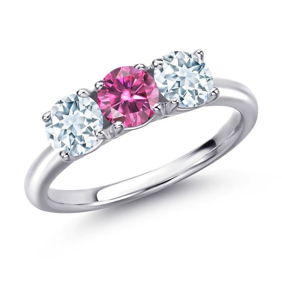 Gem Stone King 925 Sterling Silver Pink Moissanite and Sky Blue Aquamarine Engagement Ring for Women | 1.50 Cttw | Round 5MM | Gemstone Birthstone | Size 8