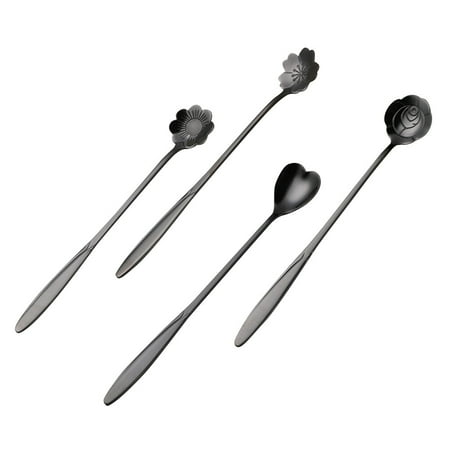 

4pcs/set Stainless Steel Flowers Shaped Stirring Spoon Flatware Ice Tea Dessert Spoon Tableware Kitchen Accessories (Black)