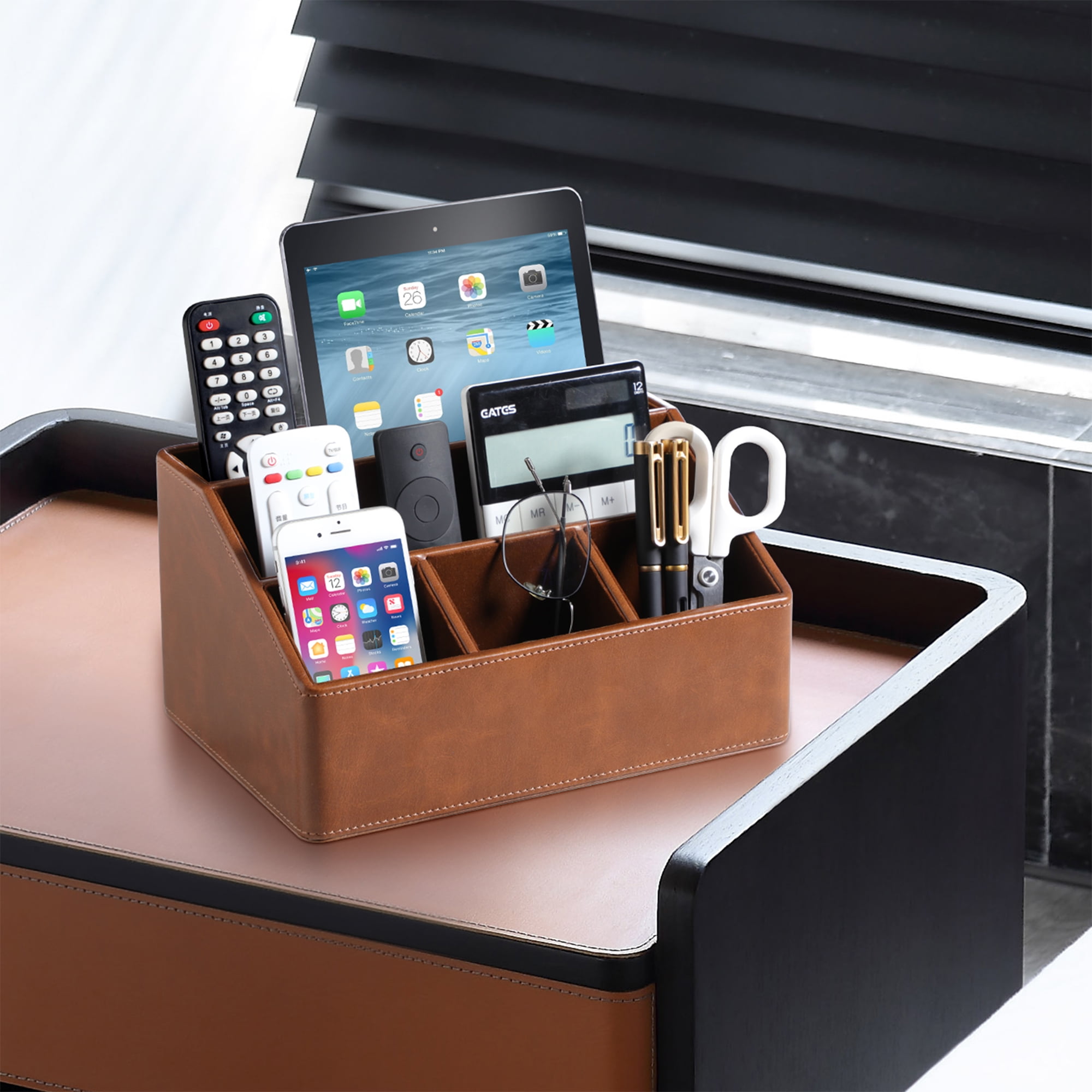 MEIBOOCH PU Leather Desk Organizer, Luxury Remote Control Holder for Home, Office Desk Accessories Table Caddy Bedside Nightstand Organizer (Brown)