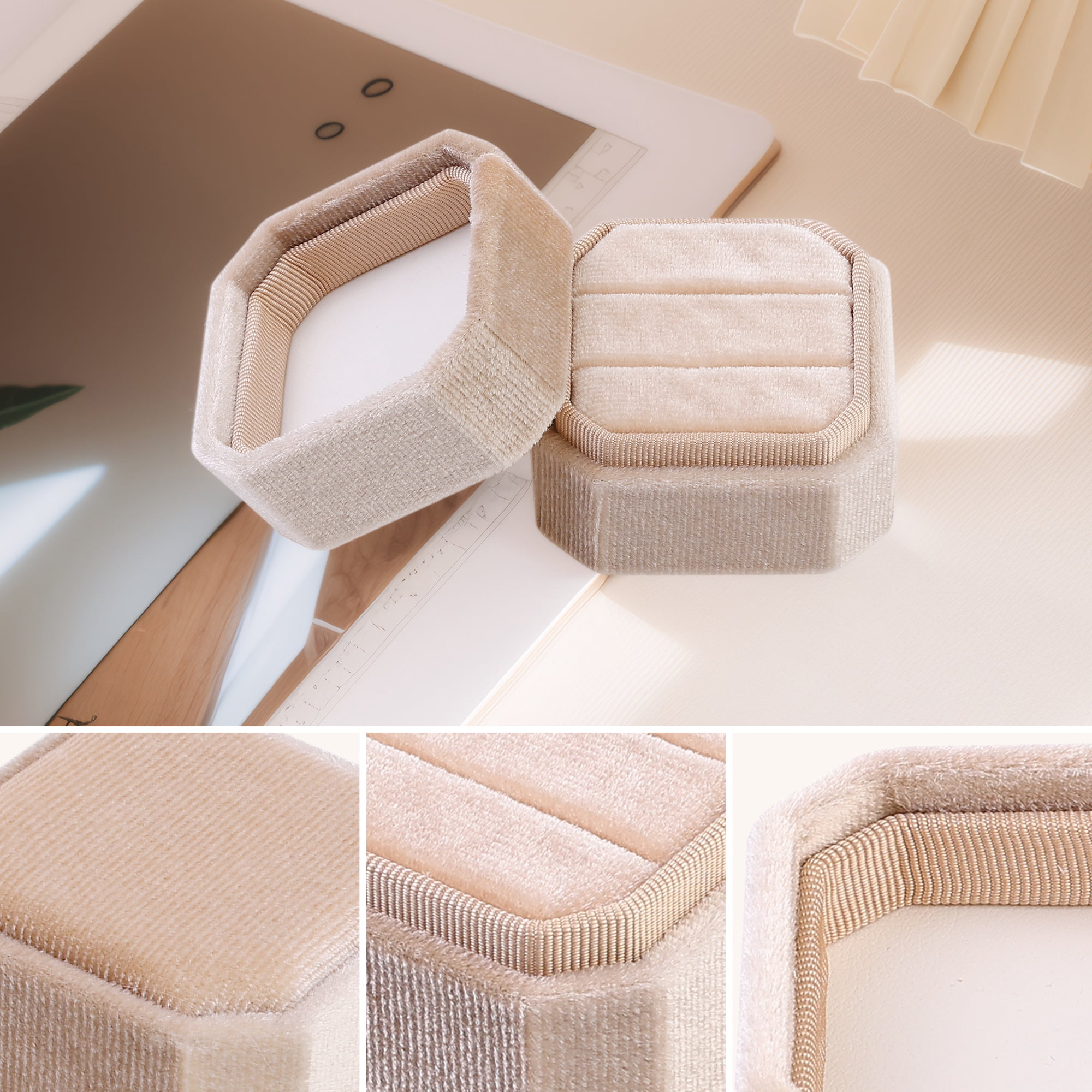 Velvet Ring Box for Proposal Engagement Wedding Ceremony Storage 2 Slots Beige