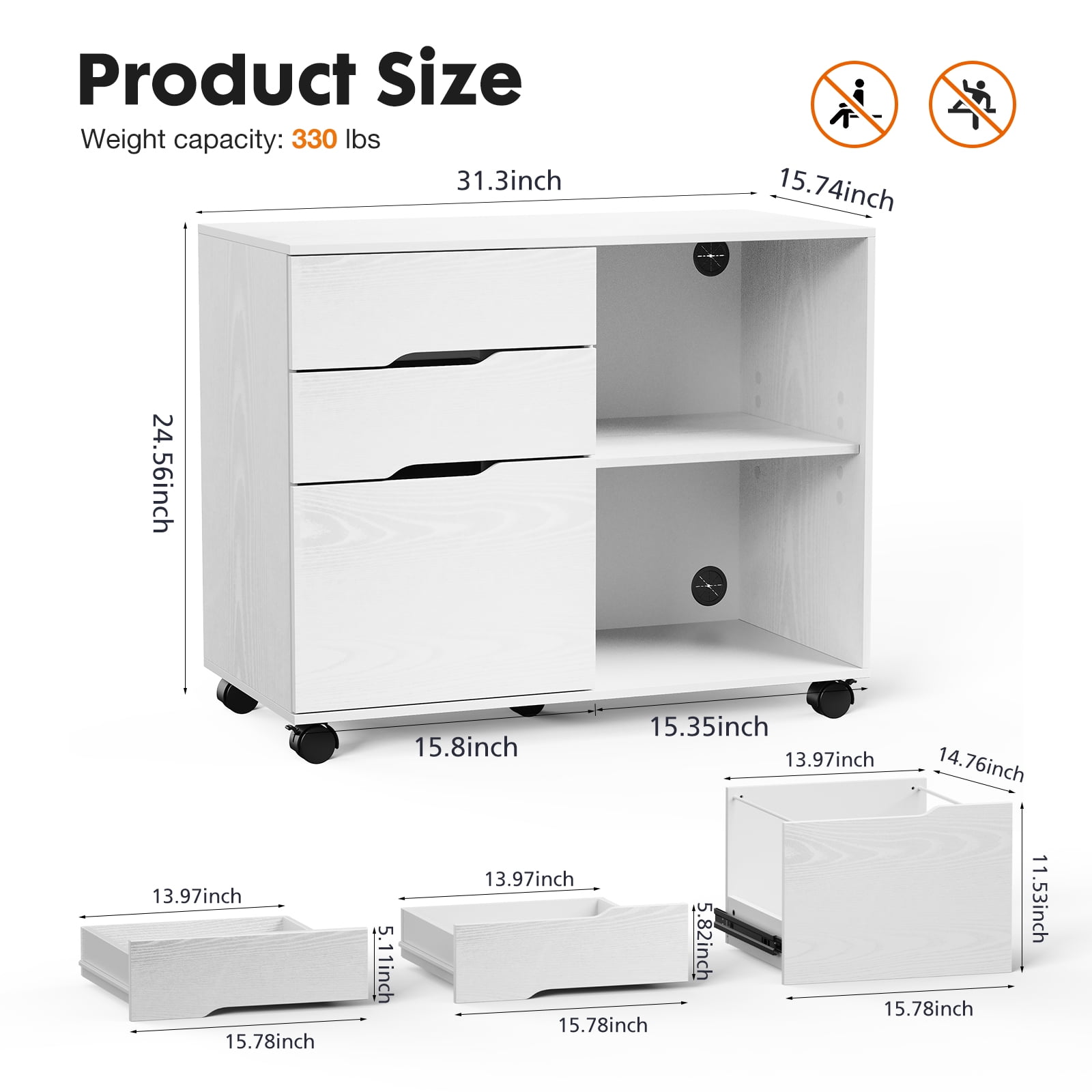 LIFERECORD 3-Drawer Rolling File Cabinet with Open Shelf, Fabric Filing Storage for Home Office,White
