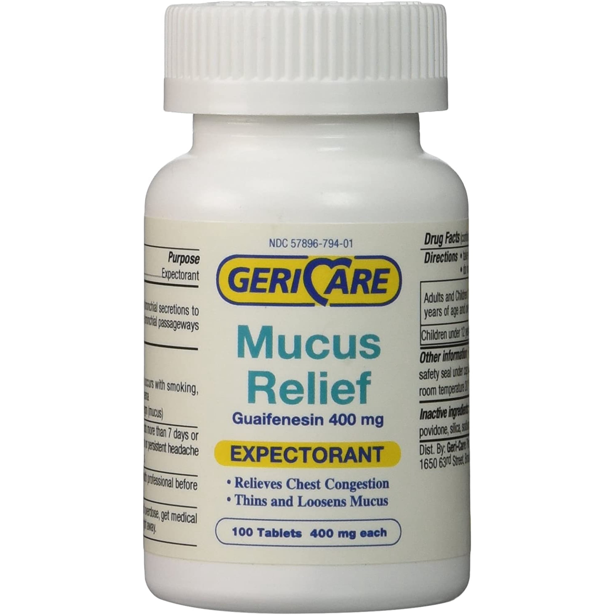 Mucus Relief Tablets by Geri-Care | Expectorant for Chest Congestion Relief | Guaifenesin 400mg | 100 Count Bottle