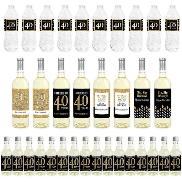 Big Dot of Happiness Adult 40th Birthday - Gold - Mini Wine Bottle Labels, Wine Bottle Labels and Water Bottle Labels - Birthday Party Decorations - Beverage Bar Kit - 34 Pieces