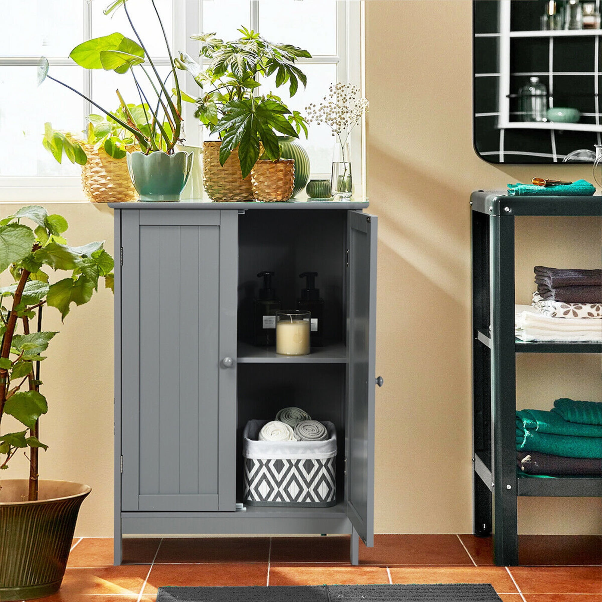Gymax Bathroom Wooden Floor Storage Cabinet Living Room Modern Grey